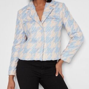 Express Blue & Cream Houndstooth Bouclé Blazer